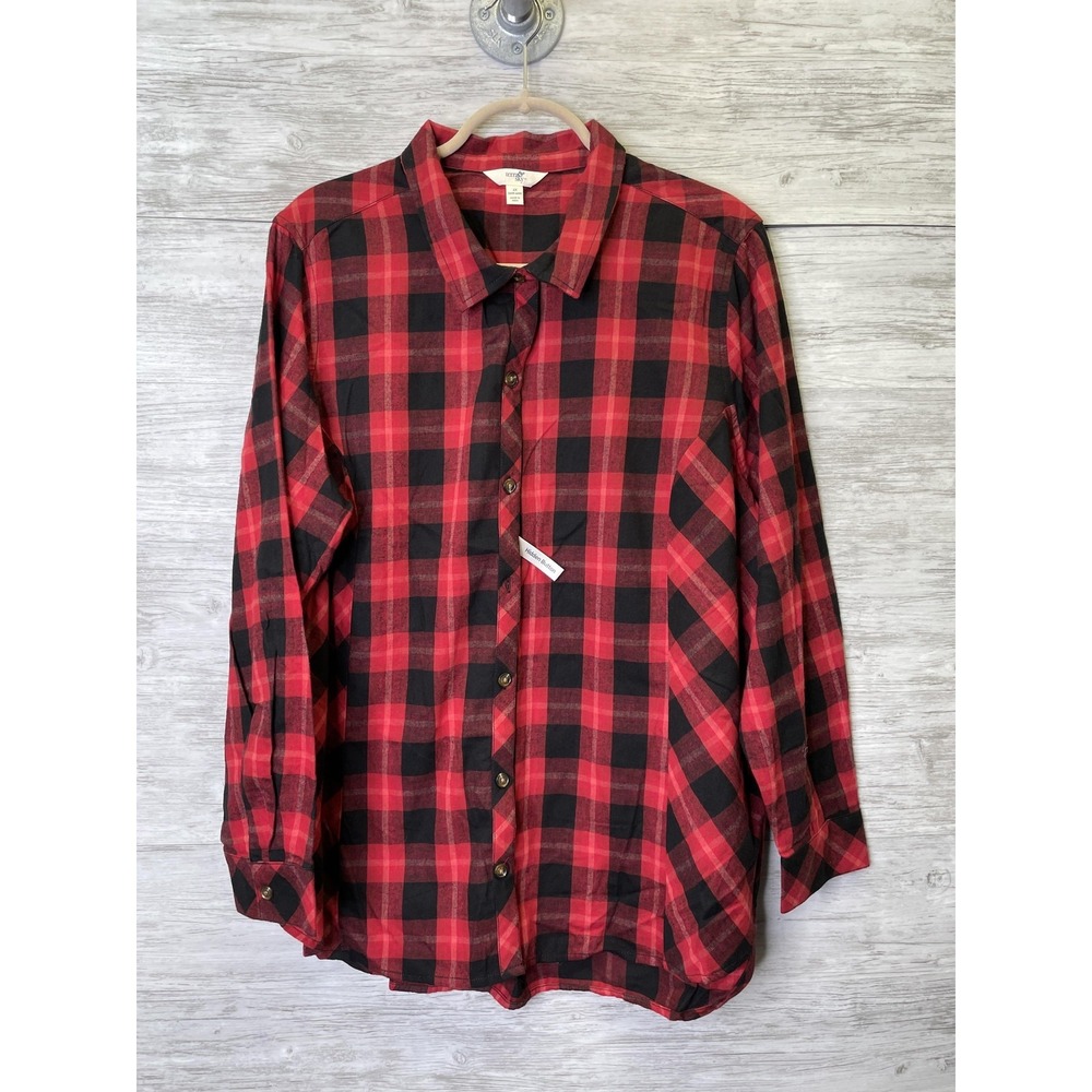 Terra & Sky Shirt Womens 2X Red Black Plaid Button Front Long Sleeve Cotton NWT